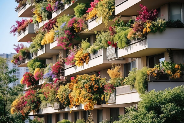 Rascacielos con flores y vegetación a lo largo de balcones.