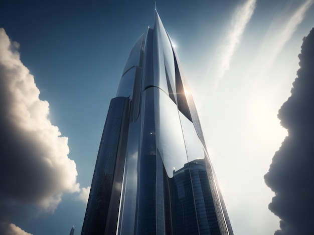 Rascacielos futurista construido con elegancia y punto de fuga de lujo generado por ai