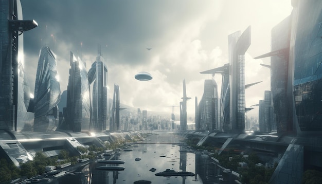 Un rascacielos futurista ilumina el horizonte de la ciudad en una escena moderna de viajes de negocios generada por inteligencia artificial