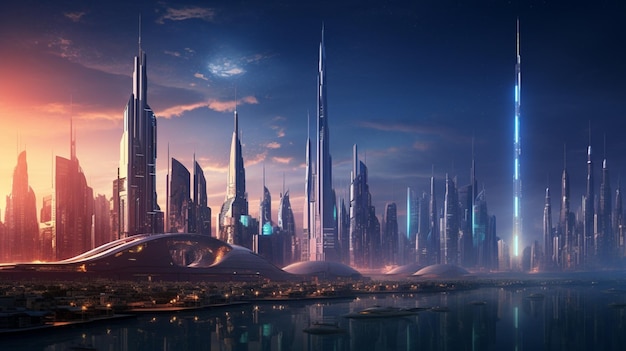 Rascacielos futuristas iluminan el horizonte de la ciudad moderna.