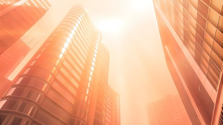 Rascacielos futuristas con luz cálida de la mañana y niebla Desarrollo urbano y visión arquitectónica