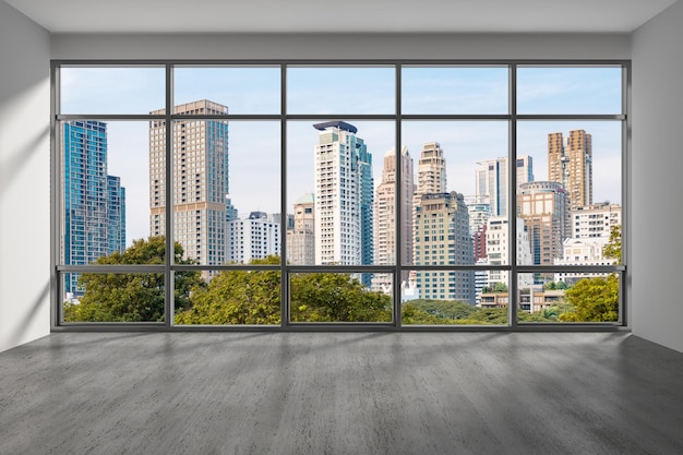 Rascacielos interiores de la habitación vacía Vista de los edificios del horizonte de la ciudad del centro de Bangkok desde la ventana de gran altura Hermosas propiedades inmobiliarias caras con vistas al día Representación 3d