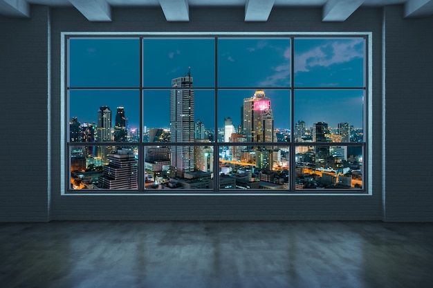 Rascacielos interiores de la habitación vacía Vista de los edificios del horizonte de la ciudad del centro de Bangkok desde la ventana de gran altura Hermosas propiedades inmobiliarias caras con vistas a la representación nocturna en 3d