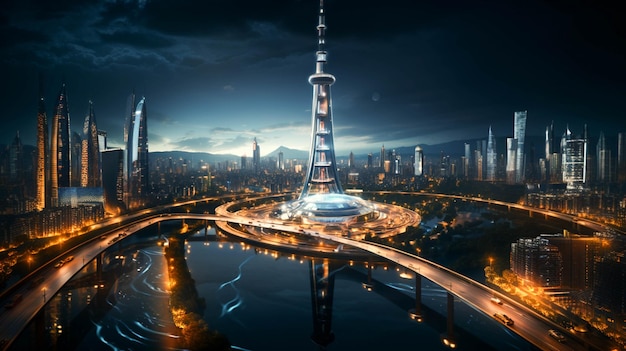 Rascacielos moderno refleja control de tráfico aéreo futurista