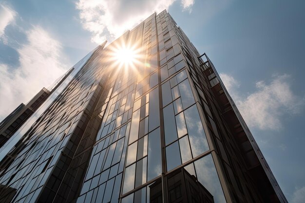 Rascacielos moderno con reflejo del sol brillando en las ventanas