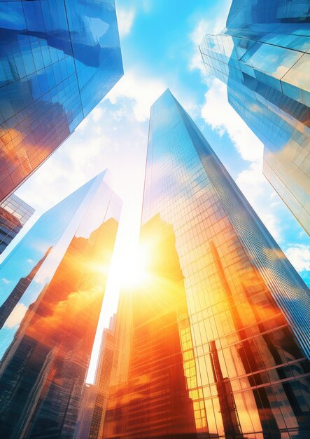 Foto rascacielos modernos y de lujo en la luz del atardecer de la ciudad de megapolis durante el día soleado generative ai