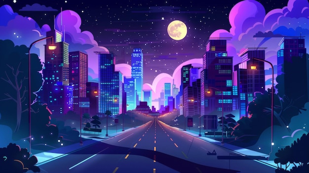 Los rascacielos modernos y la perspectiva de la carretera en una ciudad nocturna Ilustración moderna de la oscuridad con ventanas de neón Luces de la calle Edificios altos luna y nubes