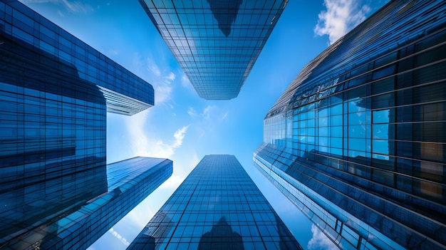 Los rascacielos modernos que alcanzan el cielo una perspectiva urbana dinámica fachadas de vidrio que reflejan cielos azules simetría arquitectónica en el diseño moderno ideal para fondos corporativos IA