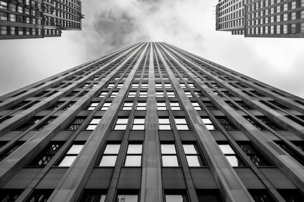 Rascacielos con una multitud de ventanas contra un cielo azul Arquitectura moderna que se eleva hacia los cielos