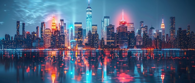 Los rascacielos nocturnos en Nueva York doble exposición con flechas en crecimiento y líneas abstractas del metaverso Concepto de ciudades inteligentes tecnología futura y conectividad global