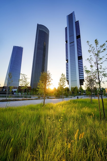 Rascacielos de oficinas comerciales en Madrid al amanecer en un día soleado con parque de césped en frente de España