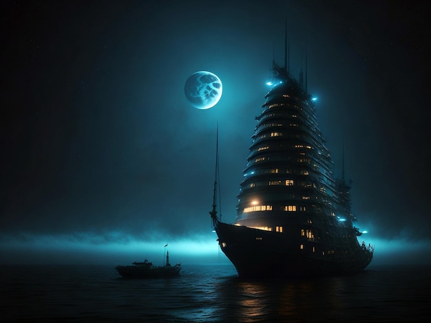 Rascacielos orgánicos escena nocturna surrealista futurista en el mar nebuloso con la luna del barco y las luces