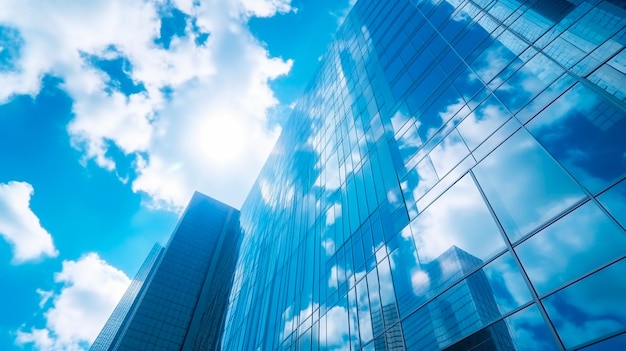 Rascacielos reflectantes edificios de oficinas de negocios Fotografía de ángulo bajo de detalles de muros cortina de vidrio de edificios altos IA generativa