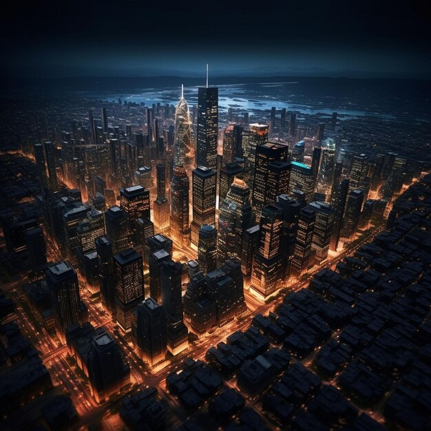 Rascacielos resplandecientes iluminan las concurridas calles de la ciudad