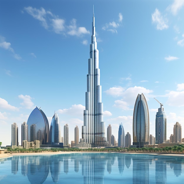 El rascacielos de la torre Burj Khalifa de los Emiratos Árabes Unidos en Dubai Los monumentos de los Emiratos Árabes Unidos están aislados