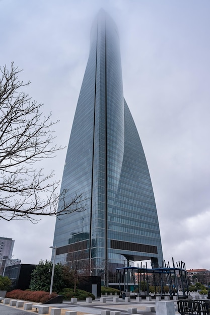 Los rascacielos únicos en la ciudad de Madrid en un día nublado de invierno