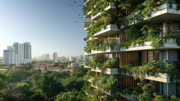 Rascacielos urbano con exuberantes balcones de fachada y vegetación