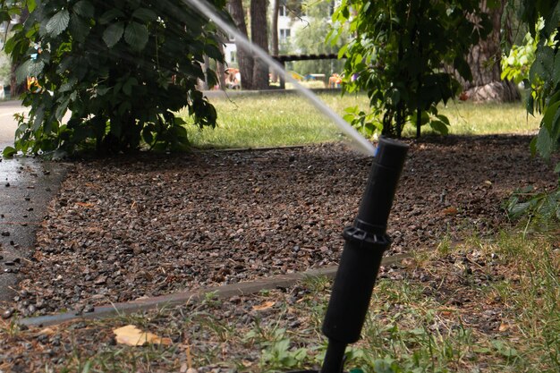 Foto rasenbewässerungssystem, das in einem grünen park arbeitet. besprühen sie den rasen bei heißem wetter mit wasser. automatischer sprinkler. der automatische bewässerungssprinklerkopf bewässert den rasen. intelligenter garten.