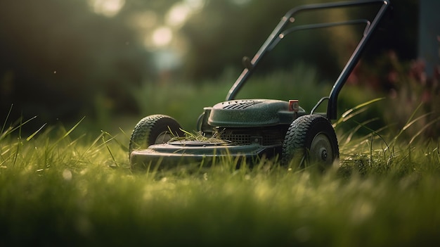 Rasenmäher auf grünem Gras Hintergrund eines Gartenrasenmähers Ausrüstung zum Grasmähen Generative KI