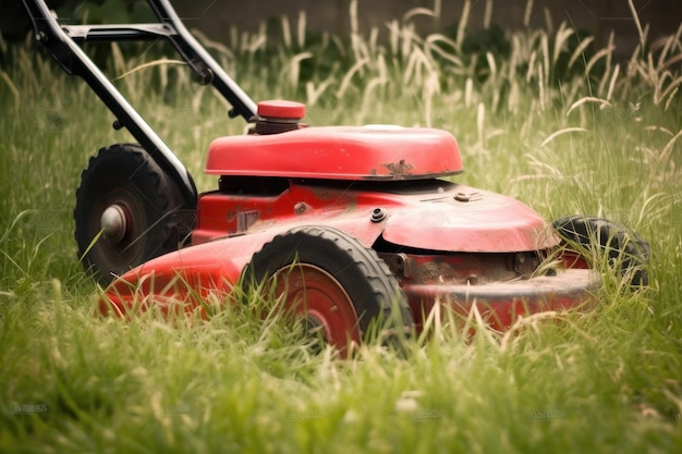 Rasenmäher auf grünem Gras im modernen Garten Maschine zum Schneiden von Rasenflächen