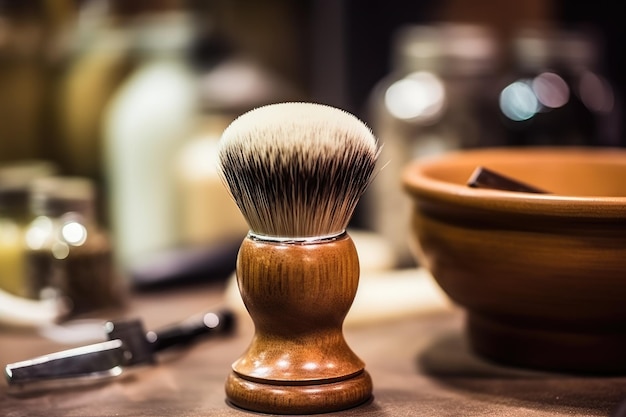 Rasierbürste und Schüssel Salon Hintergrund mit Friseursalon