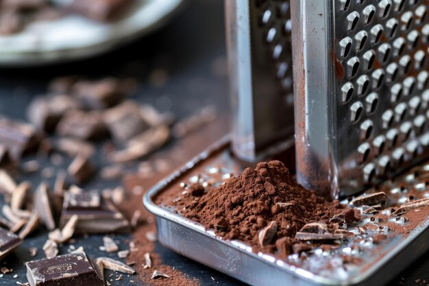 Raspa fina con chocolate en polvo para limpiar el polvo de los postres