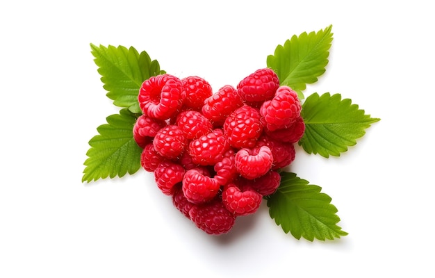 Foto raspberry-bär-herzform mit isolierten blättern auf weißem hintergrund