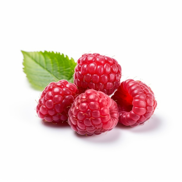 Raspberry-Produktfotografie Fünf Himbeeren auf weißem Hintergrund