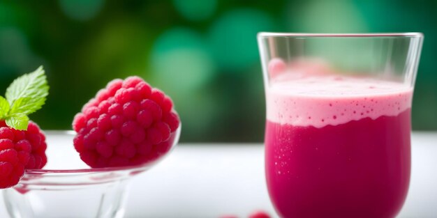 Raspberry Smoothie in einem Glas minimalistisch mit Lichtern Bokeh-Hintergrund mit Kopierraum