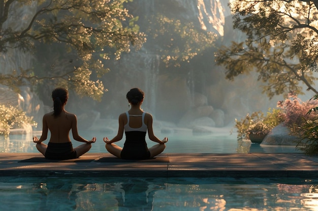 Rassenübergreifende Yoga-Sitzung in einem ruhigen natürlichen Setti