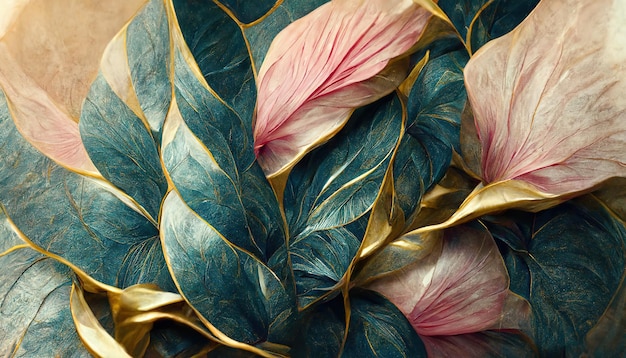 Raster-Darstellung der schönen blauen Blumenarrangement mit Armband Blätter Bouquet Duftende Farben in Meeresfarben Botanischer Garten Kunstmalerei Kranz aus Blumen 3D-Kunstwerk-Hintergrund