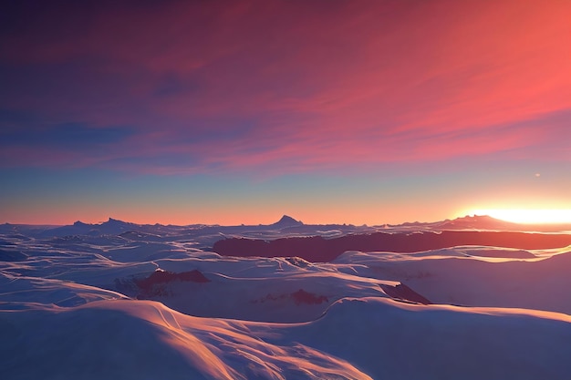 Rasterdarstellung der Winterlandschaft des Tals bei Sonnenuntergang Die untergehende Sonne rosa Wolken Eiswüste Permafrost Hügel Berge Felsen Naturkonzept 3D-Grafik Rasterhintergrund für Unternehmen