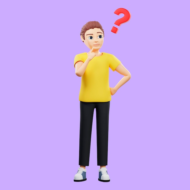 Rasterdarstellung des Menschen, der über das Problem mit einem roten Fragezeichen nachdenkt Ein junger Mann in einem gelben T-Shirt dachte, Idee, Unwissenheit, Plan, Problemlösung, 3D-Rendering-Kunstwerke für Unternehmen