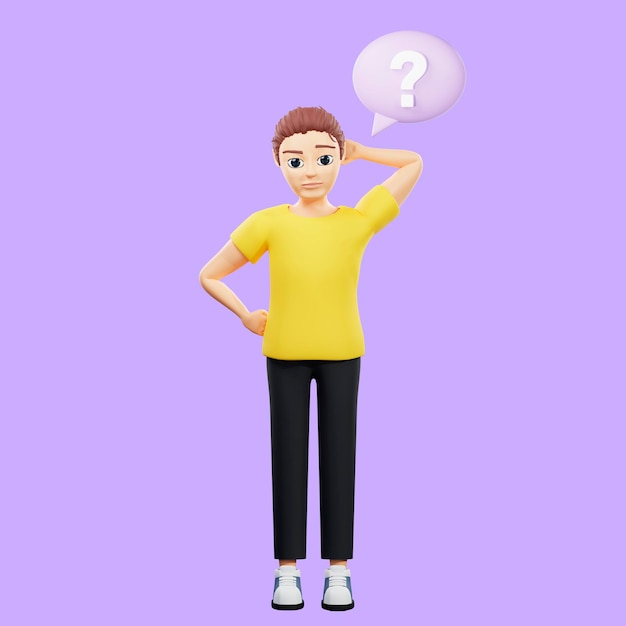 Rasterdarstellung des Menschen in der Nähe einer runden Sprechblase mit einem Fragezeichen Ein junger Mann in einem gelben T-Shirt dachte daran, im Hinterkopf zu kratzen, um Probleme mit 3D-Rendering-Grafiken zu lösen