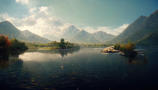 Rasterdarstellung des schönen Sees mit Bergen im Hintergrund Unberührte Naturlandschaft