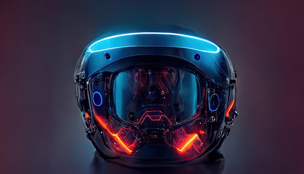 Rasterdarstellung eines Mannes, der eine VR-Brille mit Drähten trägt Persönliche Geräte Rennwagen Motorräder Motocross virtuelle Realität Metaverse Helm futuristische Vision Science-Fiction 3D-Grafik