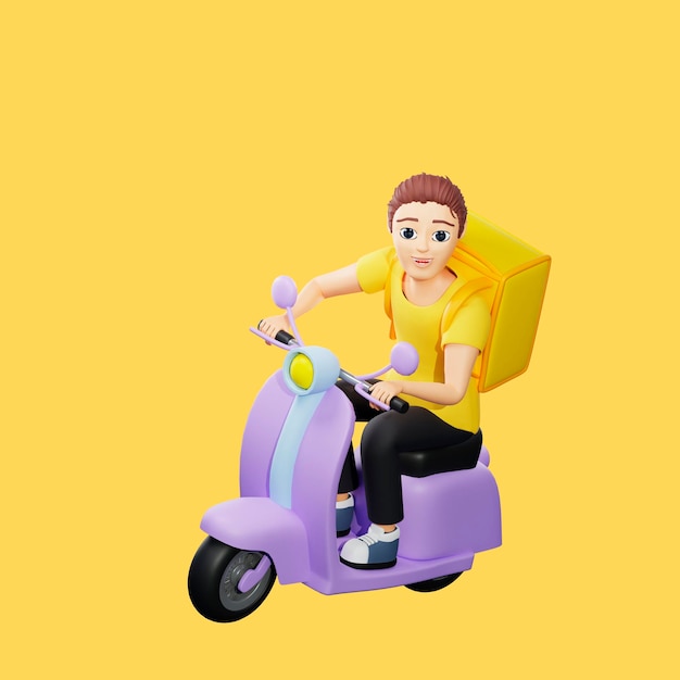Rasterdarstellung eines Mannes, der einen Roller mit Rucksack fährt Junger Mann in einem gelben T-Shirt fährt auf einem Motorrad fährt nach links oder rechts ab Lieferung Transportgeschwindigkeit Verkehrsregeln 3D-Rendering-Grafik