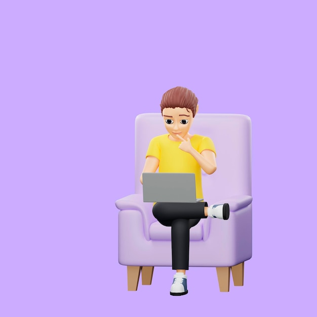 Rasterdarstellung eines Mannes, der Fuß an Fuß im Sessel sitzt und am Computer denkt Junger Mann in einem gelben T-Shirt sitzt auf dem Laptop Nachtarbeit Soziale Netzwerke surfen im Internet 3D-Rendering