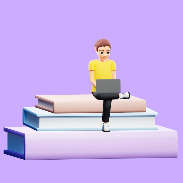 Rasterdarstellung eines Mannes sitzt auf einem Stapel Bücher und studiert auf einem Laptop Ein junger Mann in einem gelben T-Shirt liest E-Book-Bildung Fernunterricht E-Book 3D-Rendergrafik für Unternehmen