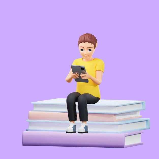 Rasterdarstellung eines Mannes sitzt auf einem Stapel Bücher und studiert auf einem Tablet Ein junger Mann in einem gelben T-Shirt liest E-Book-Bildungsfernunterricht E-Book 3D-Rendering-Grafik für Unternehmen