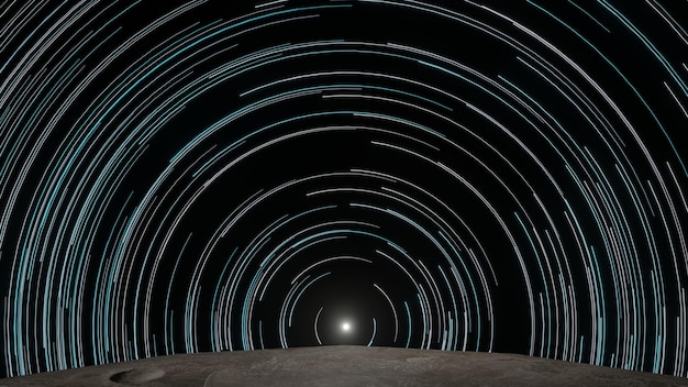 Rastro de luz espiral de la luna girando por sí mismo 3D Rendering