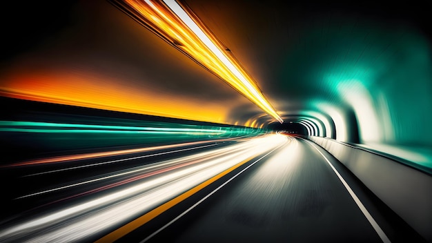 Rastro de luz de velocidad en el arte generado por la red neuronal del túnel de la carretera vacía