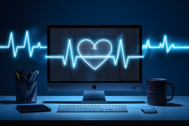 Foto el rastro de pulso azul brillante en el monitor de la computadora simboliza un latido cardíaco saludable