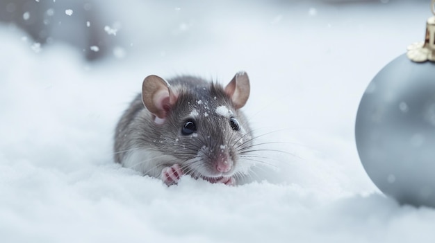 Rata con adorno de bola de Navidad en la nieve