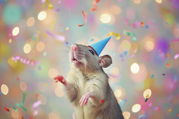 Una rata alegre con un pequeño sombrero de fiesta celebrando alegremente un Año Nuevo o una fiesta de cumpleaños con un telón de fondo de luces bokeh parpadeantes y confeti de papel colorido