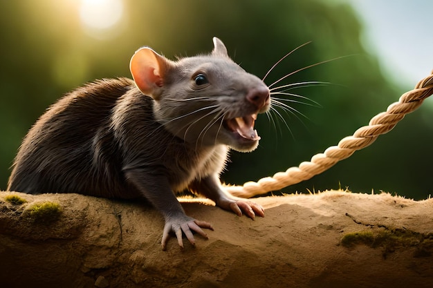Una rata con la boca abierta en una cuerda.