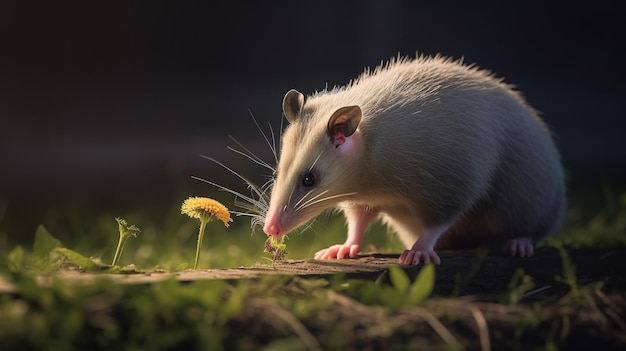 una rata con una cara blanca y una flor en primer plano