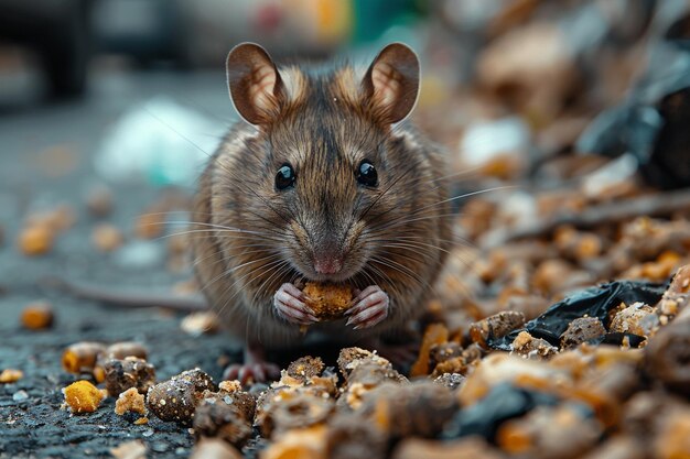 Una rata comiendo comida en un basurero sucio generado por la IA