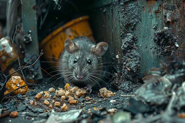 Una rata comiendo comida en un basurero sucio generado por la IA