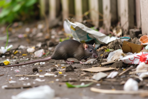 Foto una rata huyendo de una pila de basura perturbada